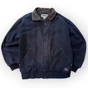 90s Navy Blue Saftbak Duck Canvas Carhartt Style Jacket with Corduroy Collar M